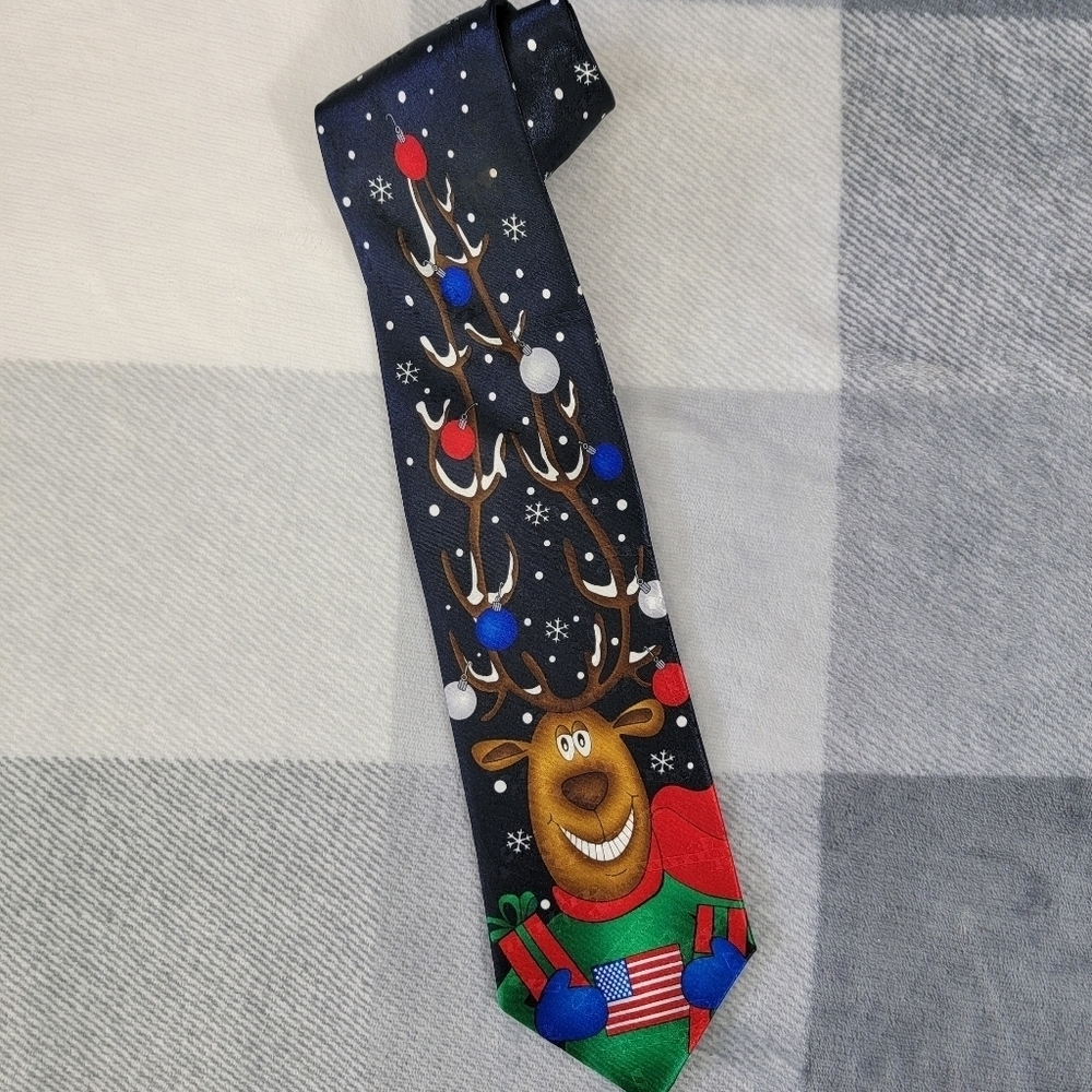 Vintage Hallmark Yule Tie Greetings Christmas Tie Necktie Patriotic Reindeer